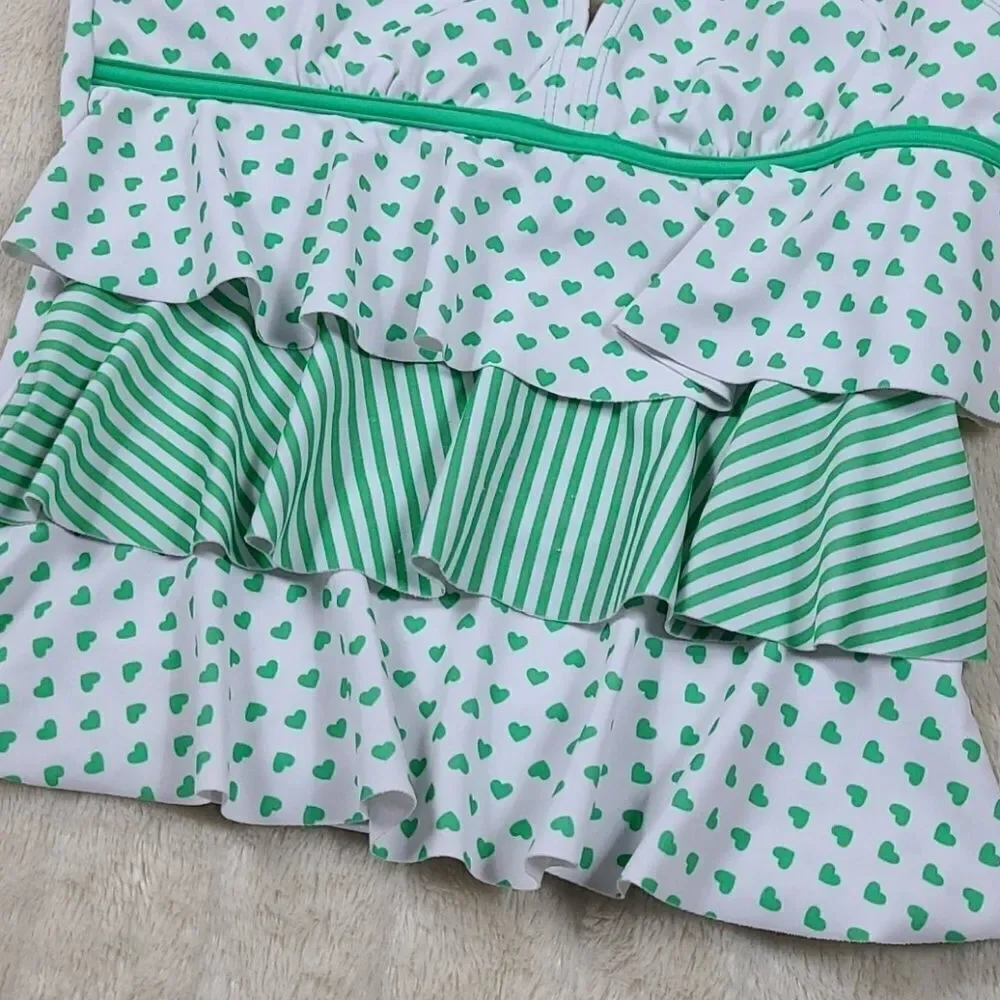 Justice Girls Tankini Top Green Hearts Stripes Ruffle Halter Swim 14 Swimsuit  L